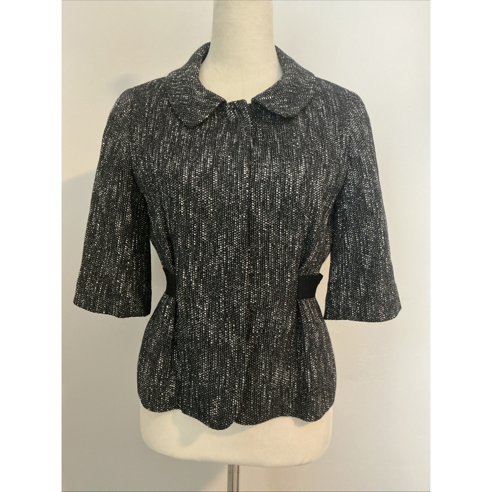 Talbots Black White Tweed Snap Button Tie-Front 3/4 Sleeve Women's Blazer 6P